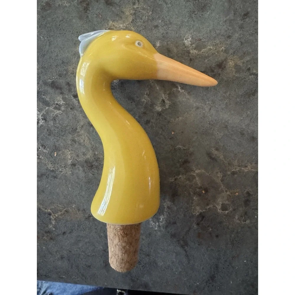 Yellow Ceramic Heron Crane Bird Wine Bottle Stopper Cork Long Beak Whimsical